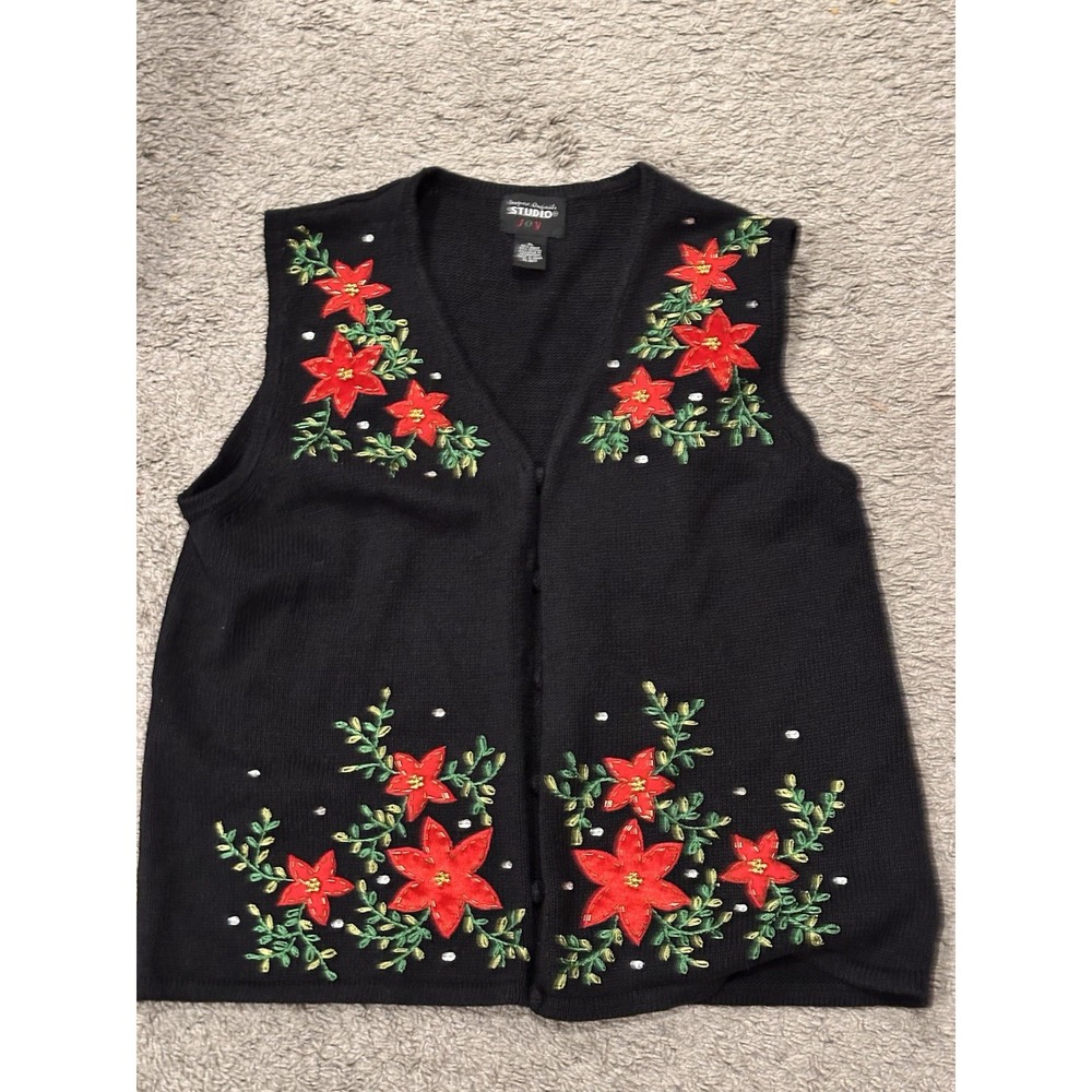Designer Originals Studio Joy Womens Black V-Neck Embroidered Knit Vest Size XL